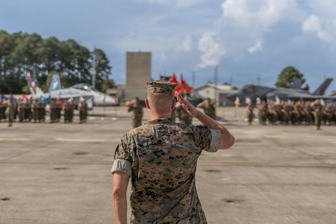 U.S. Marine Corps Col. Michael R. Cassidy, out-going commanding officer, Marine Aircraft Group 31, 2nd Marine Aircraft Wing, salutes during a Change of Command ceremony at Marine Corps Air Station Beaufort, South Carolina, June 26, 2026. The ceremony recognized Col. Michael R. Cassidy for his service, leadership and dedication to the unit while welcoming Col. Clayton Gard III. (U.S. Marine Corps photo by Lance Cpl. Carl J. Walters)