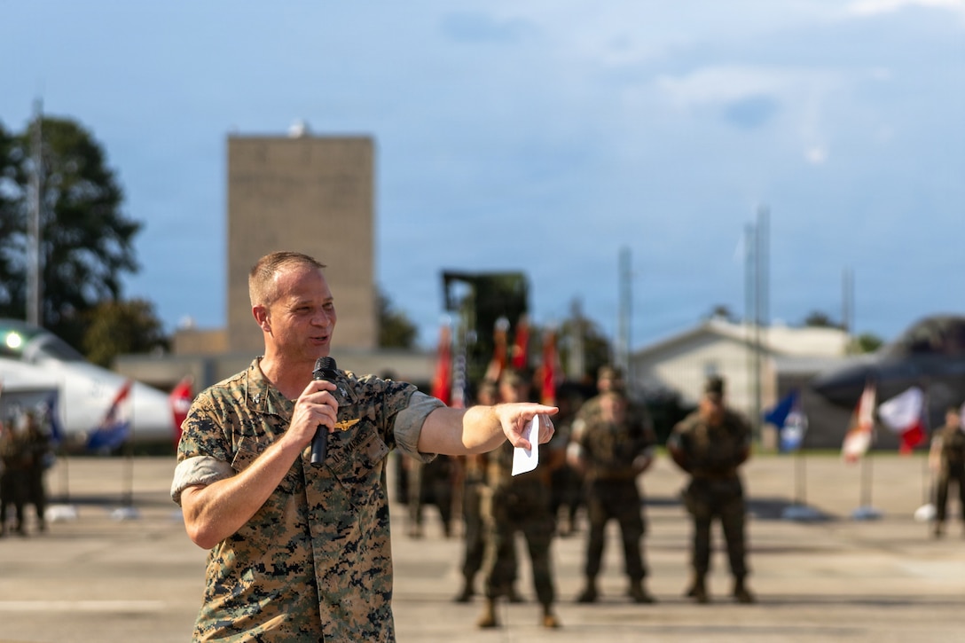 U.S. Marine Corps Col. Michael R. Cassidy, out-going commanding officer, Marine Aircraft Group 31, 2nd Marine Aircraft Wing, speaks during a Change of Command ceremony at Marine Corps Air Station Beaufort, South Carolina, June 26, 2026. The ceremony recognized Cassidy for his service, leadership and dedication to the unit while welcoming Col. Clayton D. Gard III. (U.S. Marine Corps photo by Lance Cpl. Carl J. Walters)