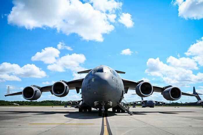A photo of a C-17 Globemaster III cargo plane.
