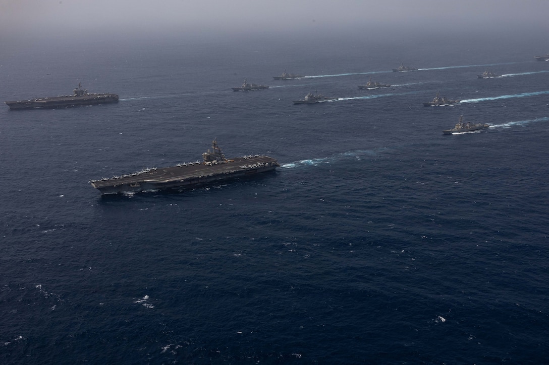 U.S. Navy warships transit the Arabian Sea in close formation as CENTCOM forces continue to promote regional security and stability, June 30, 2026. (U.S. Navy photo)