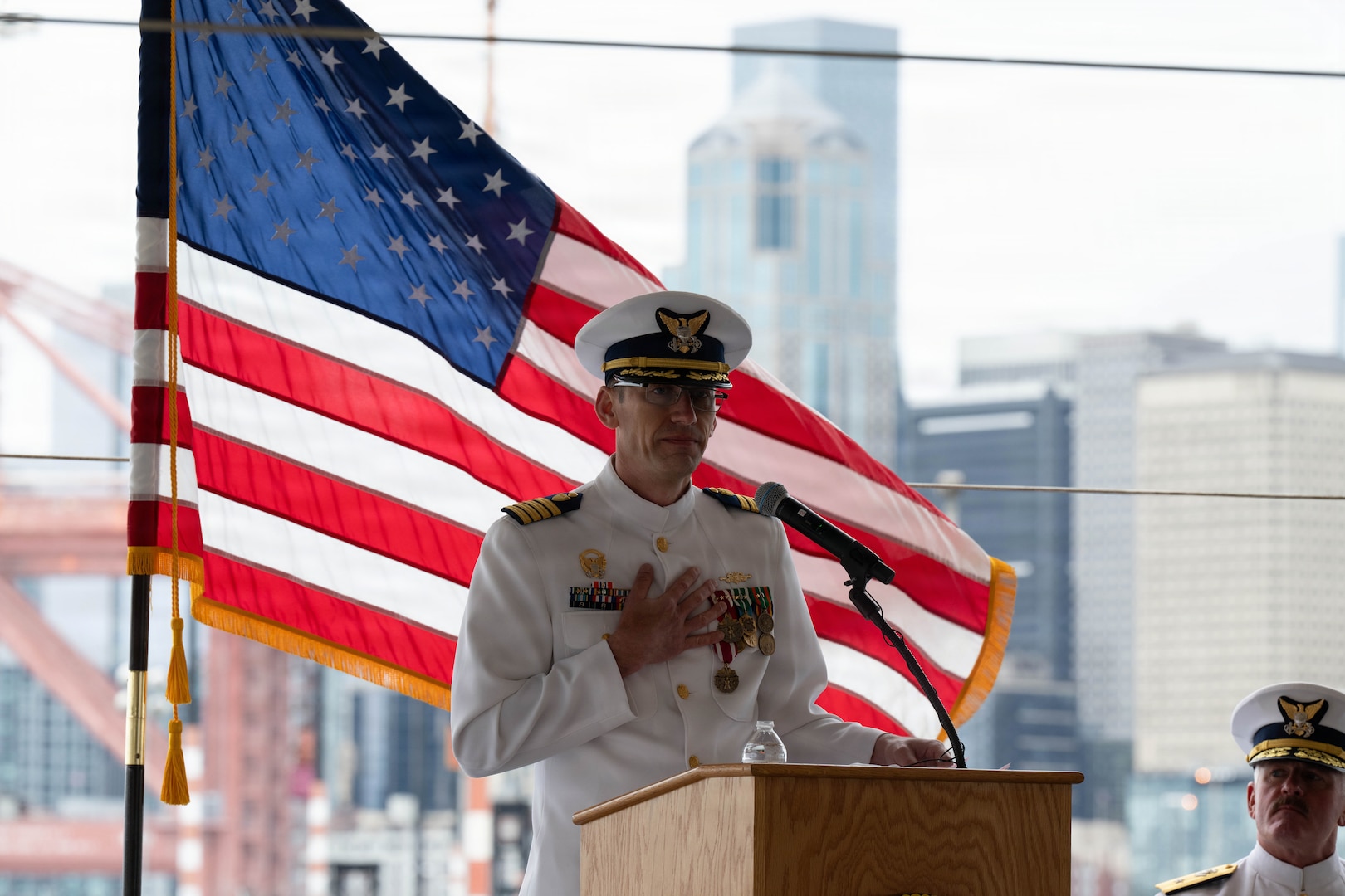 Coast Guard Capt. Jeffrey J. Rasnake, USCGC Polar Star (WAGB 10) commanding officer, delivers remarks during the cutter’s change-of-command ceremony at Coast Guard Base Seattle, June 29, 2026. Rasnake served as the cutter’s commanding officer since July 2024. (U.S. Coast Guard photo by Petty Officer 3rd Class Adrian Sanchez Villa)