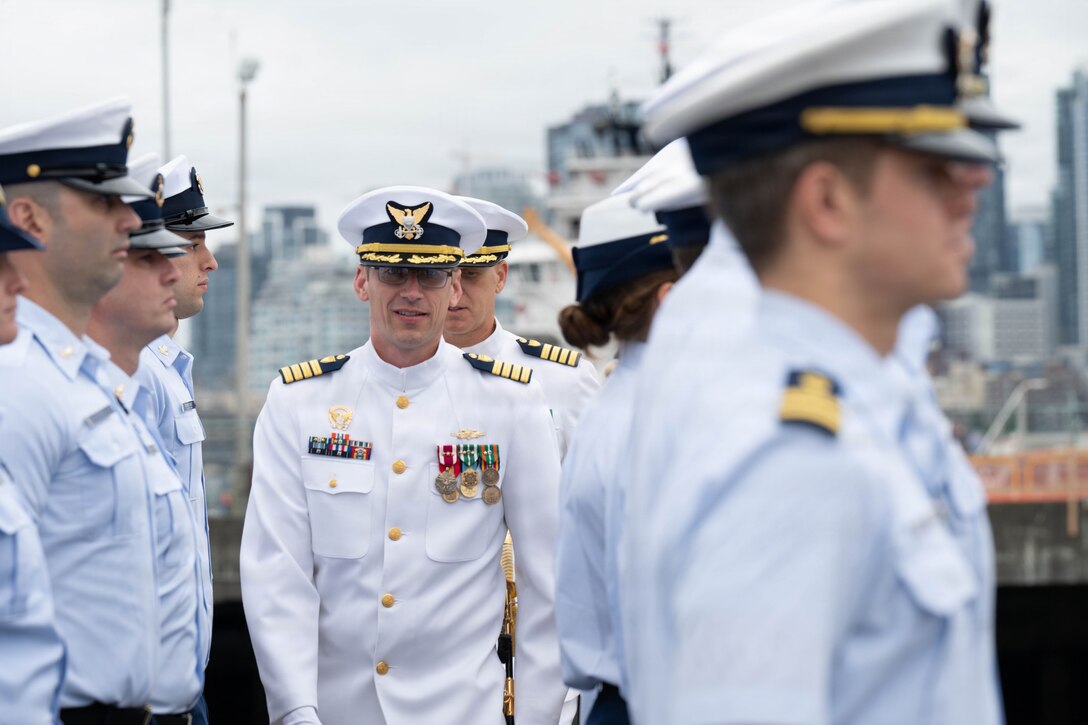 Coast Guard Captains Jeffrey J. Rasnake and Justin O. Vanden Heuvel conduct an inspection of the ship's company during the USCGC Polar Star's (WAGB 10) change-of-command ceremony at U.S. Coast Guard Base Seattle. June 29, 2026. Rasnake had served as the Polar Star's commanding officer since July 2024.
(U.S. Coast Guard photo by Petty Officer 3rd Class Adrian Sanchez Villa)
