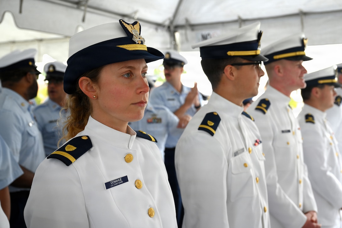 Crew members, assigned to the U.S. Coast Guard Cutter Waesche (WMSL 751), assemble in preparation for the start Waesche’s change-of-command ceremony at Coast Guard Island in Alameda, California, July 9, 2026. Waesche is one of four 418-foot Legend-class national security cutters home-ported in Alameda and designed to support global operations featuring advanced technologies with a range of 12,000 nautical miles and can accommodate a crew of up to 170. (U.S. Coast Guard photo by Petty Officer 3rd Class Danish Khan.)