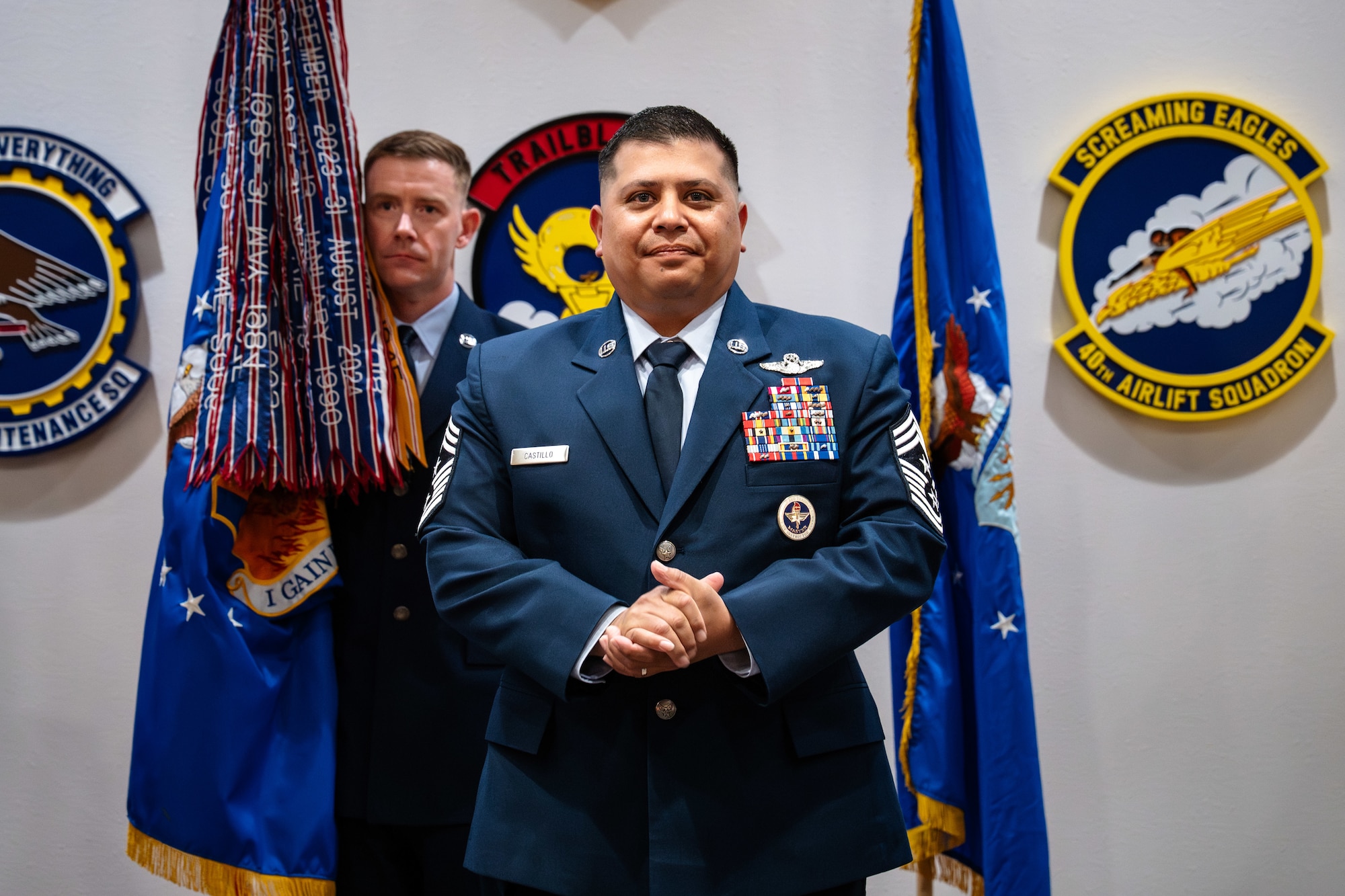 U.S. Air Force Chief Master Sgt. Brian Castillo, 317th Airlift Wing command chief, gives his first remarks during a change of responsibilities ceremony at Dyess Air Force Base, Texas, June 12, 2026. During the ceremony the responsibilities of senior enlisted leader for the 317th AW changed from Chief Master Sgt. Martin Castillo to Brian Castillo. (U.S. Air Force photo by Senior Airman Jade M. Caldwell)