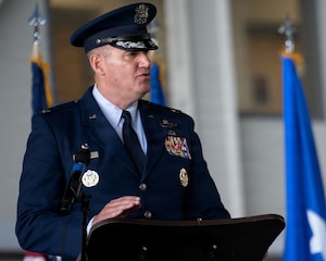 U.S. Air Force Col. Kevin Eley, 6th Air Refueling Wing incoming commander, addresses Airmen during a change of command ceremony at MacDill Air Force Base, Florida, July 10, 2026. In his first address to the Airmen of the 6th ARW, Eley expressed his dedication to the wing's mission and its personnel.  (U.S. Air Force photo by Senior Airman Nelvis Sera)