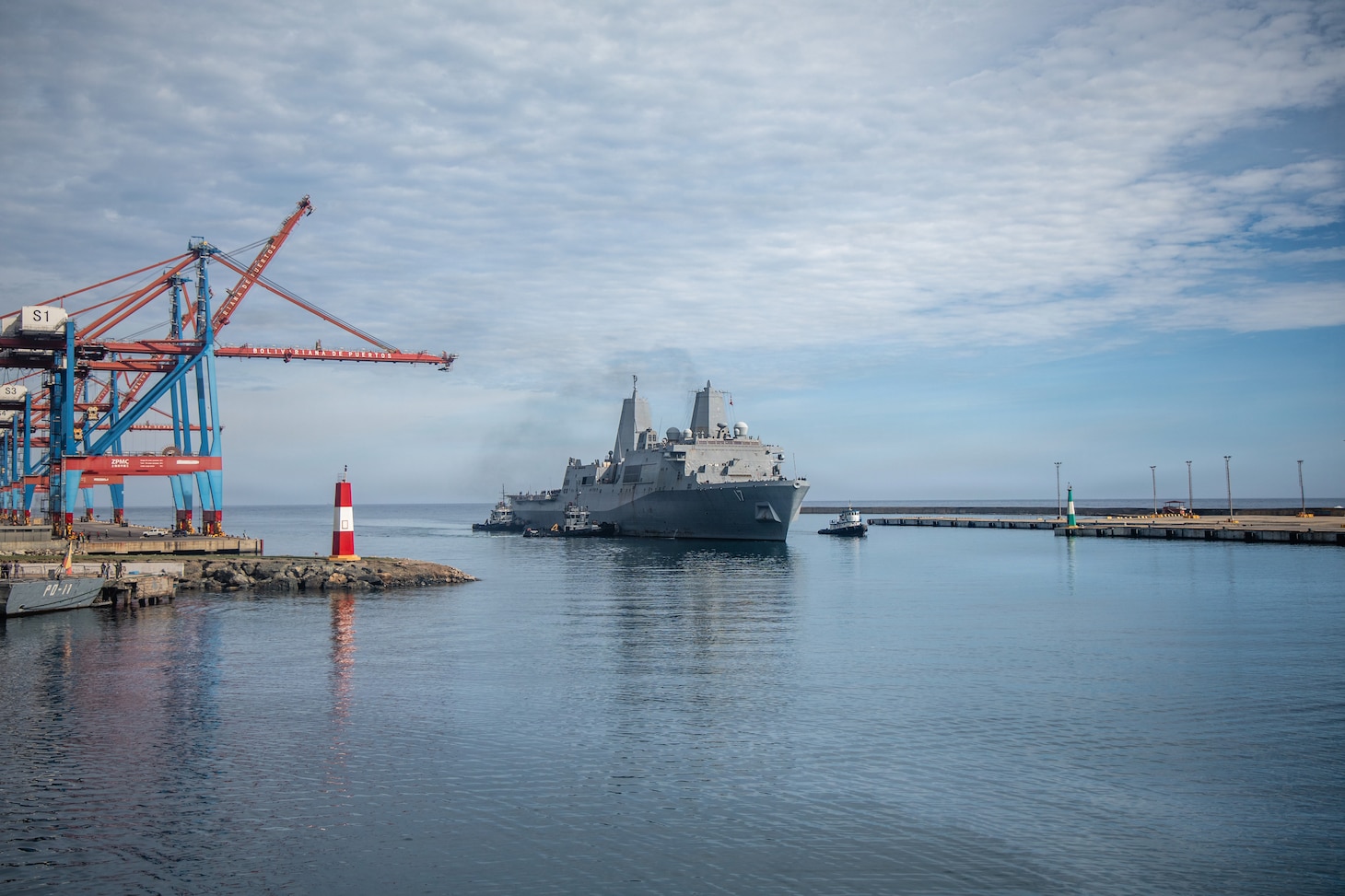San Antonio-class amphibious transport dock USS San Antonio (LPD 17) sails into the port of La Guaira, Venezuela, July 9, 2026. At the direction of U.S. Southern Command, assigned U.S. military forces are supporting Department of State-led U.S. disaster assistance to the people of Venezuela in the aftermath of the June 24, 2026, earthquakes. (U.S. Marine Corps photo)