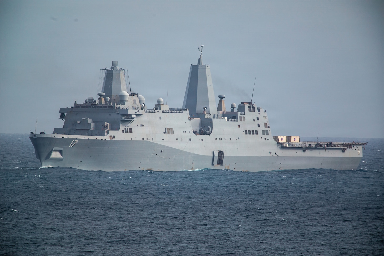 San Antonio-class amphibious transport dock USS San Antonio (LPD 17) sails towards the port of La Guaira, Venezuela, July 9, 2026. At the direction of U.S. Southern Command, assigned U.S. military forces are supporting Department of State-led U.S. disaster assistance to the people of Venezuela in the aftermath of the June 24, 2026, earthquakes. (U.S. Marine Corps photo)