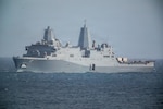 San Antonio-class amphibious transport dock USS San Antonio (LPD 17) sails towards the port of La Guaira, Venezuela, July 9, 2026. At the direction of U.S. Southern Command, assigned U.S. military forces are supporting Department of State-led U.S. disaster assistance to the people of Venezuela in the aftermath of the June 24, 2026, earthquakes. (U.S. Marine Corps photo)