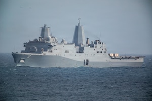 San Antonio-class amphibious transport dock USS San Antonio (LPD 17) sails towards the port of La Guaira, Venezuela, July 9, 2026. At the direction of U.S. Southern Command, assigned U.S. military forces are supporting Department of State-led U.S. disaster assistance to the people of Venezuela in the aftermath of the June 24, 2026, earthquakes. (U.S. Marine Corps photo)