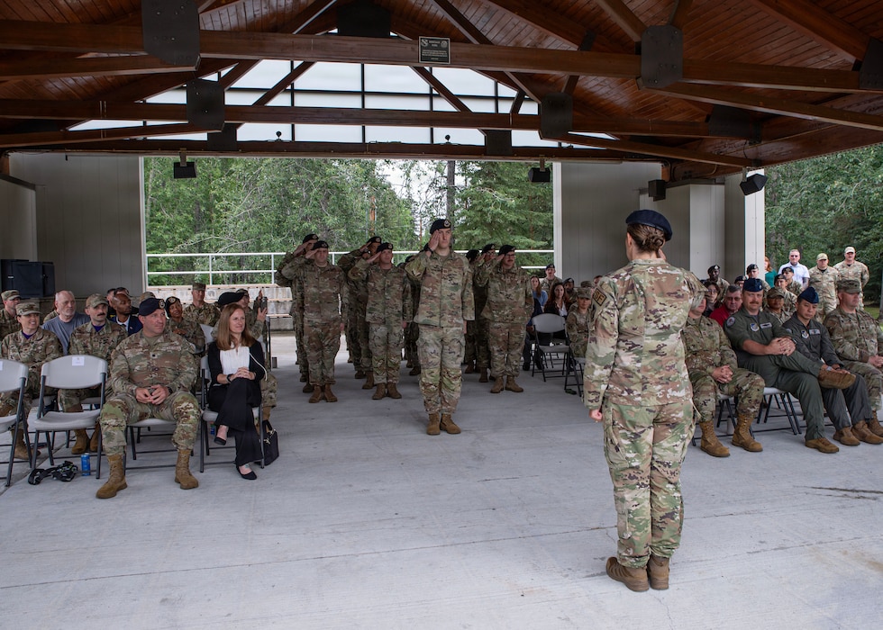 U.S. Air Force Maj. Emily Smith, 354th Security Forces Squadron commander, renders her first salute to members of the 354th SFS during an assumption of command ceremony at Eielson Air Force Base, Alaska, July 10, 2026.