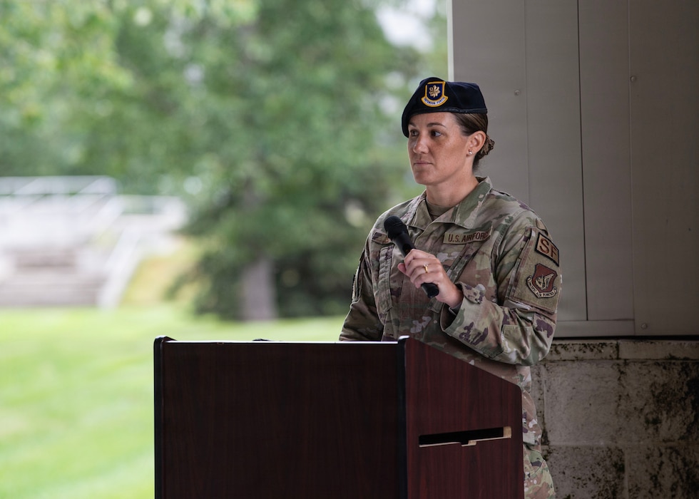 U.S. Air Force Maj. Emily Smith, 354th Security Forces Squadron commander, gives a speech during the 354th SFS assumption of command ceremony at Eielson Air Force Base, Alaska, July 10, 2026.