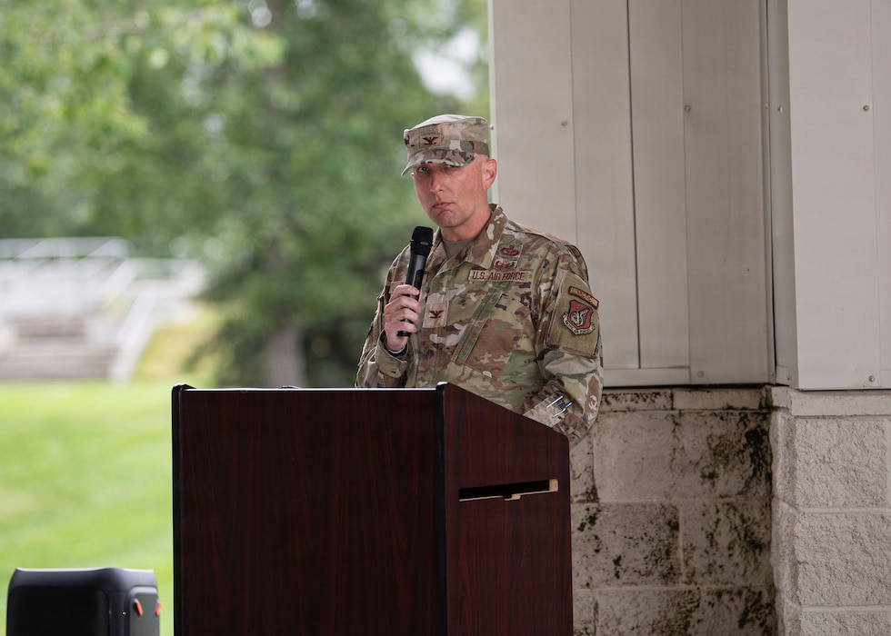 U.S. Air Force Col. Allen Branco, 354th Mission Support Group commander, gives a speech during the 354th Security Forces Squadron assumption of command ceremony at Eielson Air Force Base, Alaska, July 10, 2026.