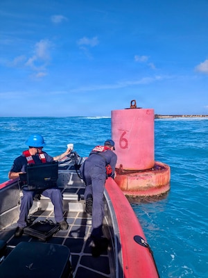 An aids to navigation positioner deployed with the USCGC Myrtle Hazard (WPC 1139) determines positions of aids in Tinian on July 10, 2026, allowing the Captain of the Port to partially lift restrictions, restoring maritime commerce flow to Tinian. The U.S. Coast Guard is coordinating with the Port of Guam and the Commonwealth Ports Authority to fully assess the ports, address already identified hazards as well as new issues following Super Typhoon Bavi. Multiple navigational aids are reportedly discrepant, off station, or simply missing. (U.S. Coast Guard photo by Lt. Drew Lovullo)