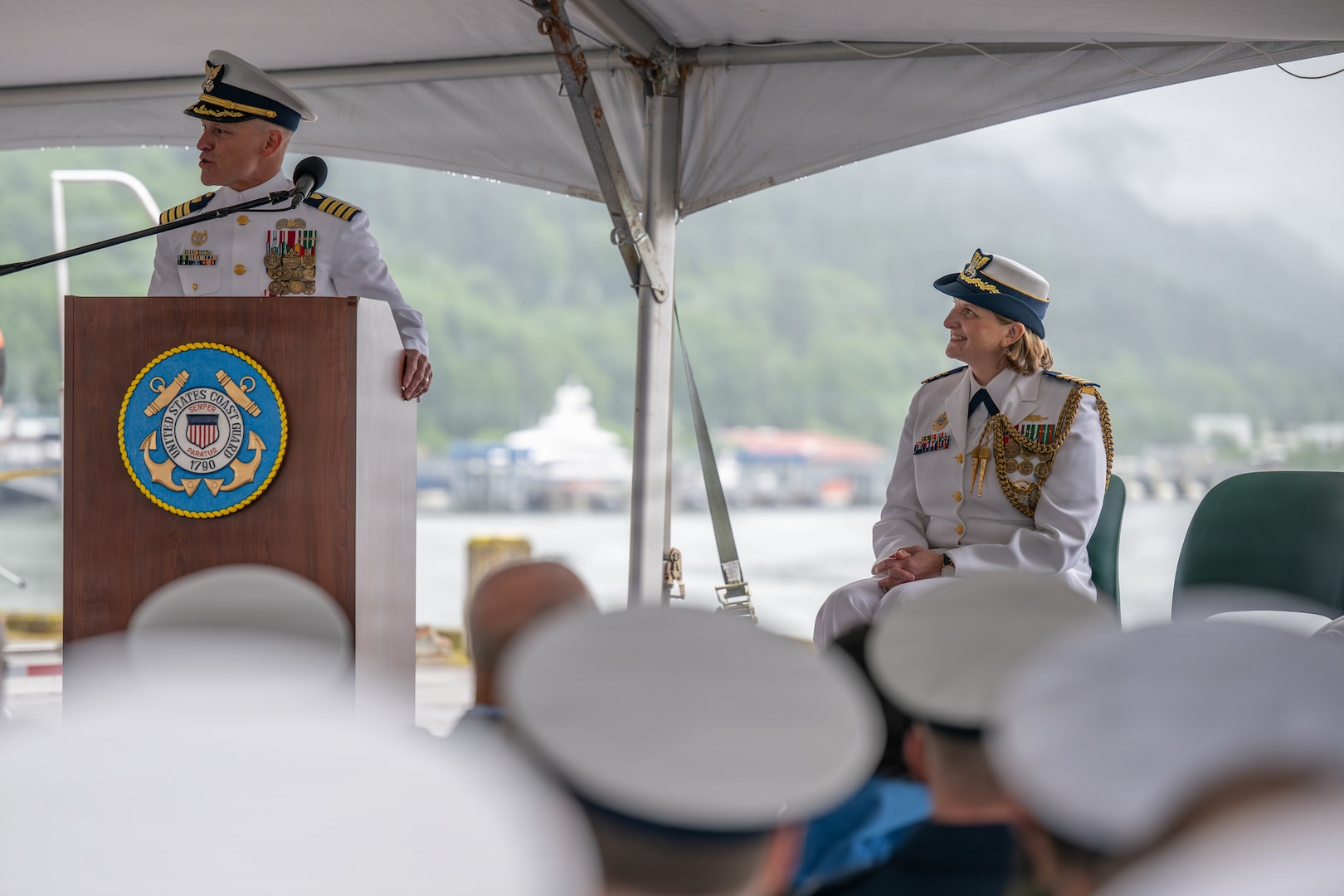 Capt. Stanley Fields, the outgoing commander of Sector Southeast Alaska, delivers a speech during a change of command ceremony at Coast Guard Station Juneau, Alaska, July 10, 2026.
