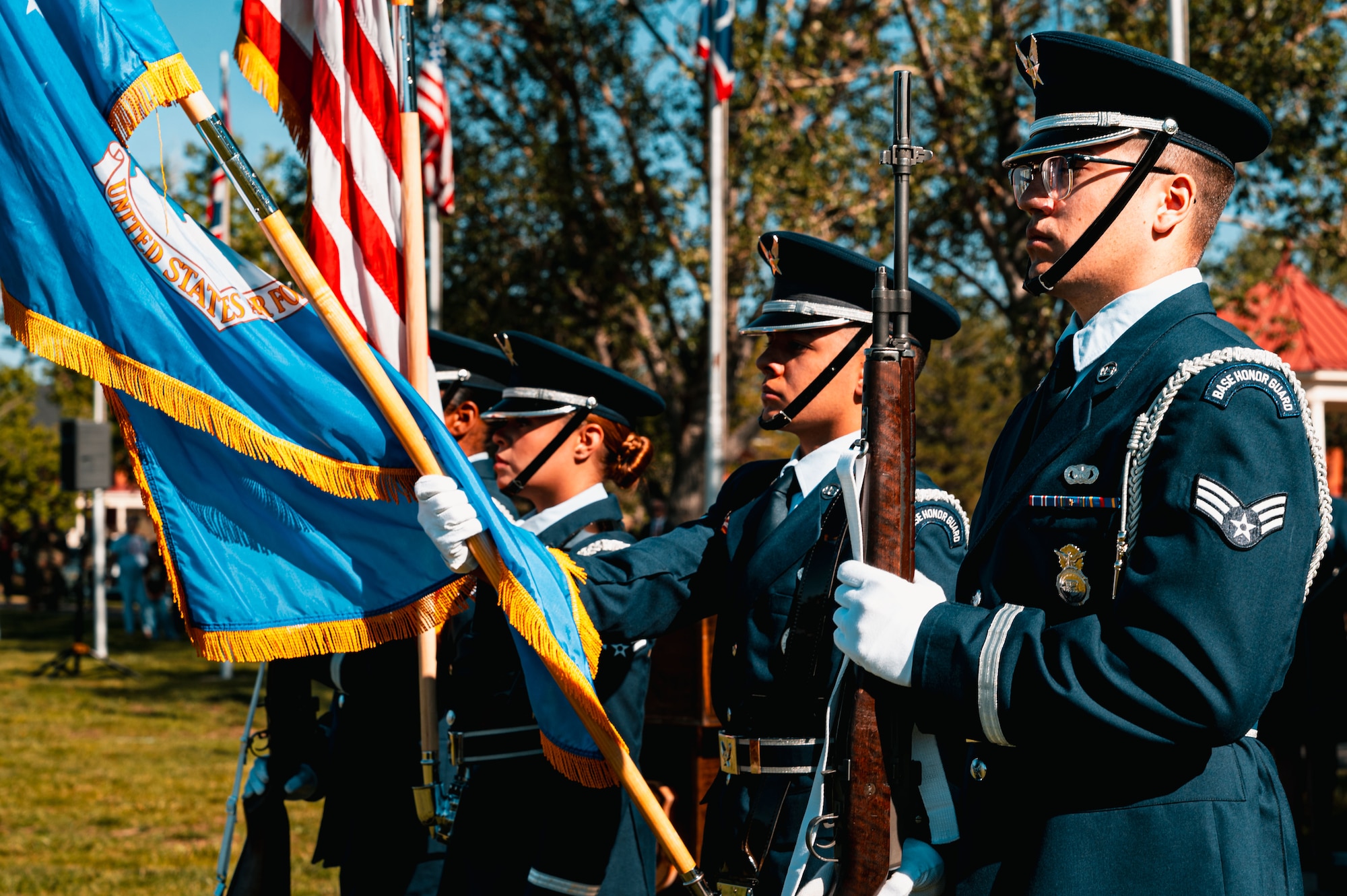 The 90th Missile Wing Honor Guard presents the colors for the national anthem during the 20th AF change of command at F.E. Warren Air Force Base, Cheyenne, Wyoming, July 10, 2026. The change of command ceremony formally transferred leadership and responsibility of the Numbered Air Force from the outgoing commander to the incoming commander while honoring the unit's continued commitment to mission success.(U.S. Air Force photo by Senior Airman Mattison Cole)