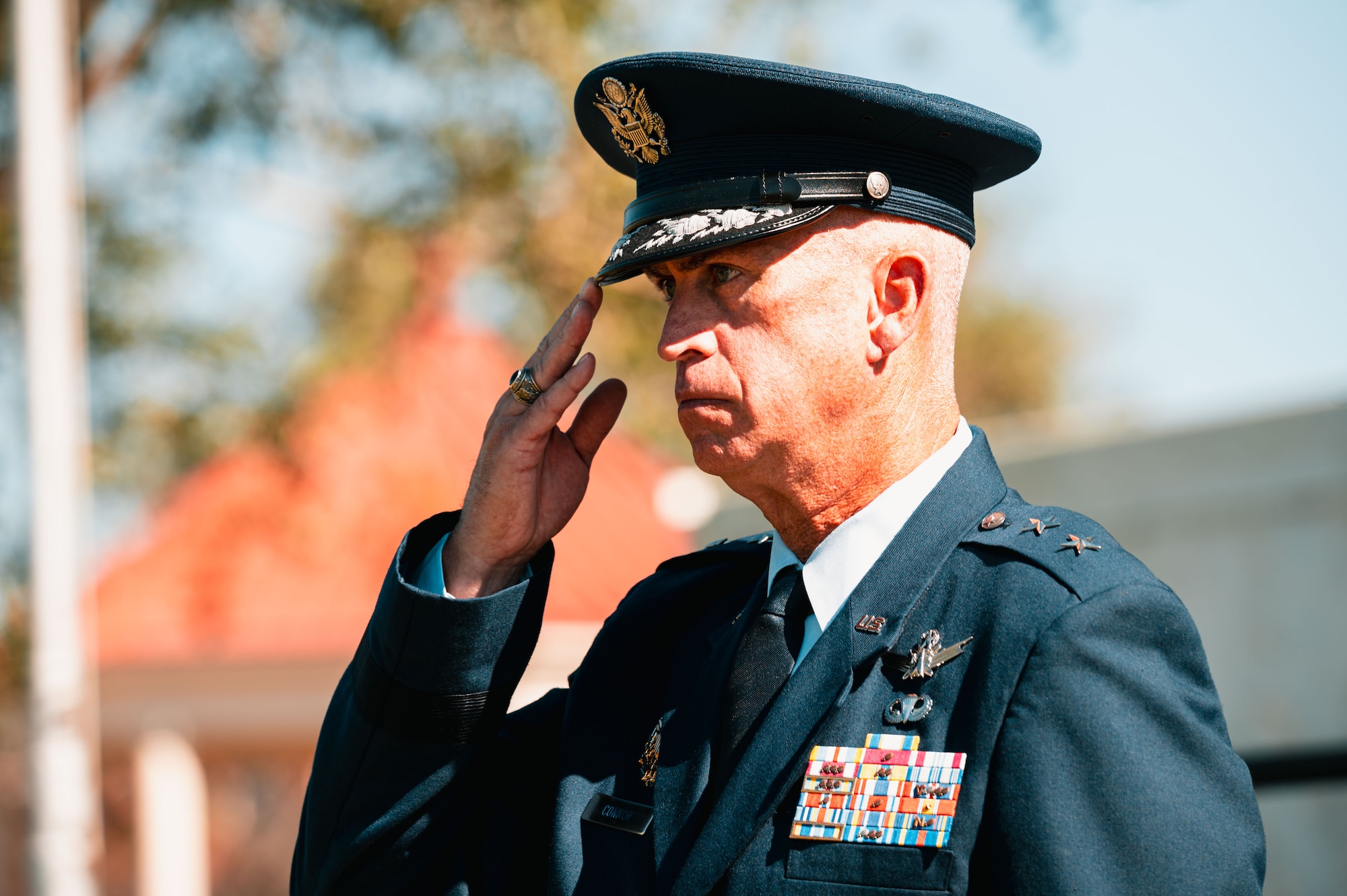 Maj. Gen. Colin Connor, incoming 20th AF commander, receives his first salute during the 20th AF change of command at F.E. Warren Air Force Base, Cheyenne, Wyoming, July 10, 2026. The change of command ceremony formally transferred leadership and responsibility of the Numbered Air Force from the outgoing commander to the incoming commander while honoring the unit's continued commitment to mission success.(U.S. Air Force photo by Senior Airman Mattison Cole)