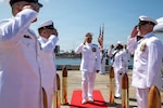 NAVAL BASE POINT LOMA, Calif. (June 29, 2026) Capt. Phillip Sylvia Jr., commander, Submarine Squadron 11, renders a salute to side boys during the Inactivation Ceremony for Los Angeles-class fast-attack submarine USS Alexandria (SSN 757) onboard Naval Base Point Loma, June 29, 2026. Alexandria was commissioned on June 29, 1991, and is scheduled to be decommissioned after 35 years of active service. Alexandria is assigned to Commander, Submarine Squadron 11, home to four Los Angeles-class fast-attack submarines, which are capable of supporting various missions, including anti-submarine warfare, anti-ship warfare, strike warfare and intelligence, surveillance and reconnaissance. (U.S. Navy photo by Mass Communication Specialist 2nd Class Rashan Jefferson)
