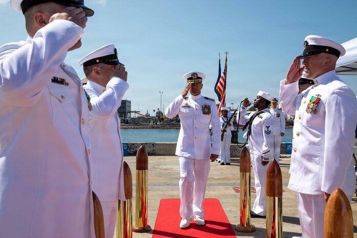 NAVAL BASE POINT LOMA, Calif. (June 29, 2026) Capt. Phillip Sylvia Jr., commander, Submarine Squadron 11, renders a salute to side boys during the Inactivation Ceremony for Los Angeles-class fast-attack submarine USS Alexandria (SSN 757) onboard Naval Base Point Loma, June 29, 2026. Alexandria was commissioned on June 29, 1991, and is scheduled to be decommissioned after 35 years of active service. Alexandria is assigned to Commander, Submarine Squadron 11, home to four Los Angeles-class fast-attack submarines, which are capable of supporting various missions, including anti-submarine warfare, anti-ship warfare, strike warfare and intelligence, surveillance and reconnaissance. (U.S. Navy photo by Mass Communication Specialist 2nd Class Rashan Jefferson)