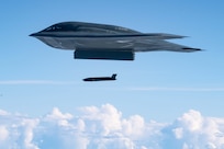 A U.S. Air Force B-2 Spirit assigned to the 509th Bomb Wing deploys an AGM-158C Long Range Anti-Ship Missile during a Valiant Shield 2026 live-fire sinking exercise over the Philippine Sea, June 27, 2026. Valiant Shield demonstrates joint force integration across the Indo-Pacific region. (U.S. Air Force photo by Tech. Sgt. Thomas Barley)