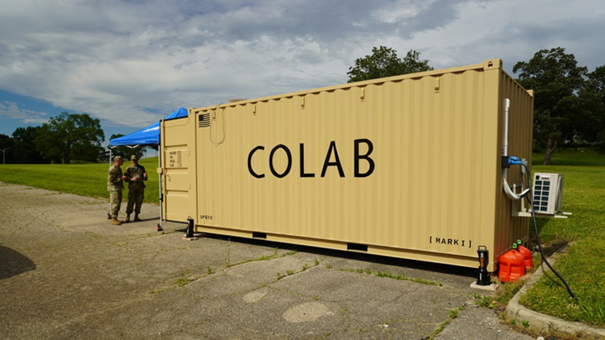 A Combat Laboratory (COLAB) is set up at Wright-Patterson Air Force Base, Ohio. COLABs are complete manufacturing and engineering labs built into 20-foot ISO shipping containers, serving as forward-deployed, localized, tactical maker spaces for the warfighter. Designed to expand frontline innovation capabilities, these mobile units allow teams to fabricate parts, repair equipment, and train personnel directly at the point of need. The Wright-Patterson AFB location is one of 18 COLAB sites deployed across the joint force to enhance tactical agility and self-sufficiency in austere environments. (U.S. Air Force photo)