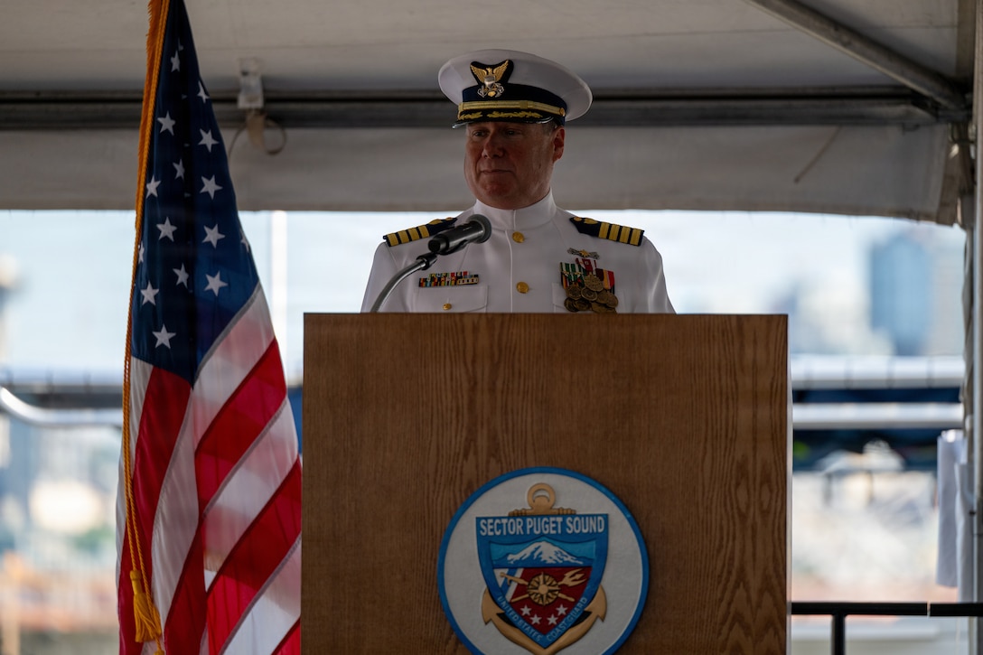 U.S. Coast Guard Capt. Michael Hunt speaks during the Coast Guard Sector Puget Sound change-of-command ceremony in Seattle, Washington, July 10, 2026.