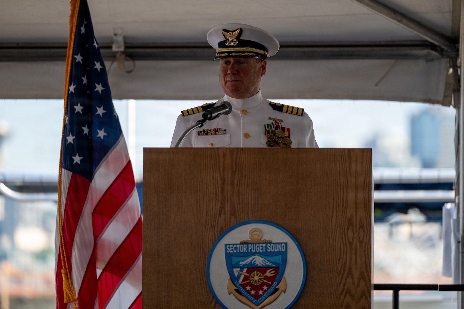 U.S. Coast Guard Capt. Michael Hunt speaks during the Coast Guard Sector Puget Sound change-of-command ceremony in Seattle, Washington, July 10, 2026.