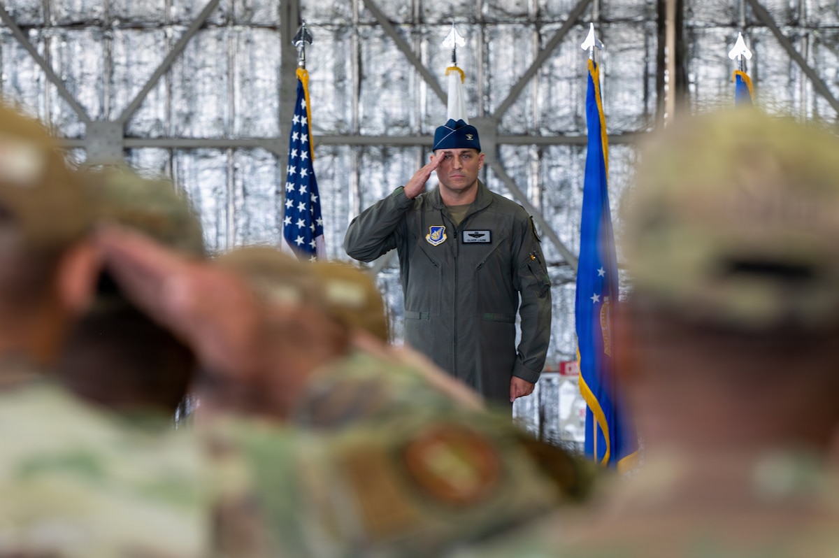 U.S. Air Force Col. Oliver Lause, incoming 35th Fighter Wing (FW) commander, renders his first salute as wing commander during the 35th FW change of command ceremony.