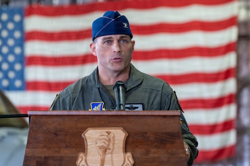 U.S. Air Force Col. Oliver Lause, incoming 35th Fighter Wing (FW) commander, addresses attendees during the 35th FW change of command ceremony.
