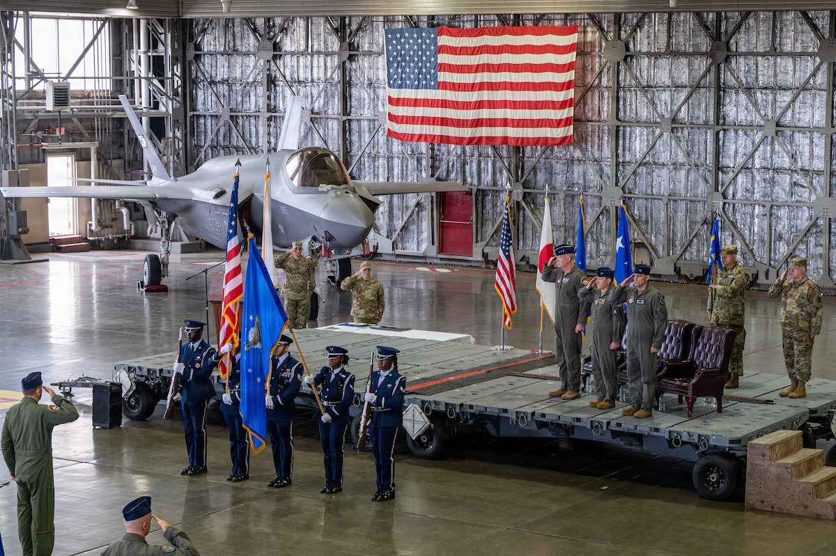 The U.S. Air Force Honor Guard presents the colors during the 35th Fighter Wing (FW) change of command ceremony.