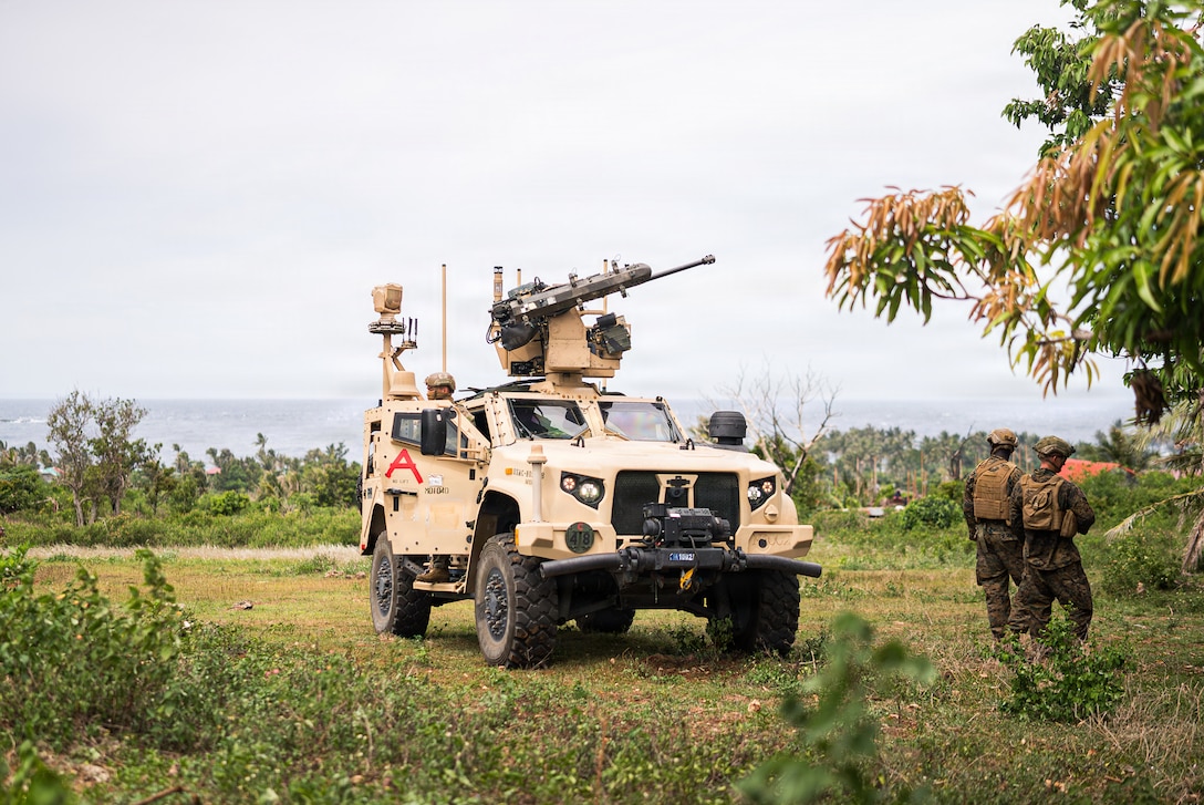 A Marine Air Defense Integrated System assigned to 3rd Littoral Anti-Air Battalion, 3rd Marine Littoral Regiment, 3rd Marine Division, scans for aerial threats in support of a simulated Navy-Marine Expeditionary Ship Interdiction System firing mission during KAMANDAG 10 at Calayan, Philippines, June 25, 2026. KAMANDAG 10 is a multi-domain, joint, and combined exercise between the Armed Forces of the Philippines and United States military focused on enhancing maritime security, interoperability, contested logistics, and combined readiness throughout the Philippine archipelago. (U.S. Marine Corps photo by 2nd Lt. John Kim)