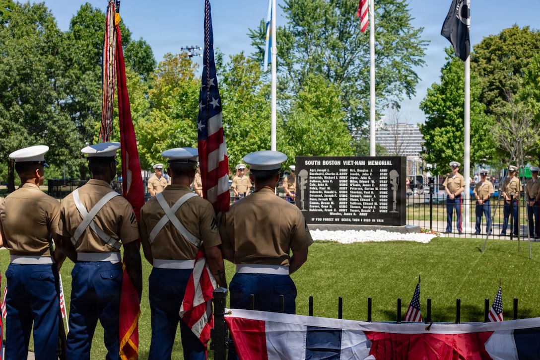 U.S Marines with Special Purpose Marine Air-Ground Task Force Sail 250 take part in a wreath laying ceremony at the South Boston Vietnam Memorial as part of SAIL250 Boston in Boston, Massachusetts, July 12, 2026. SAIL250 Boston celebrates America’s maritime heritage and the nation’s 250th anniversary by bringing together U.S. and international ships, Marines, Sailors, and community partners throughout the city. (U.S. Marine Corps photo by Cpl. Xavier Alicea)