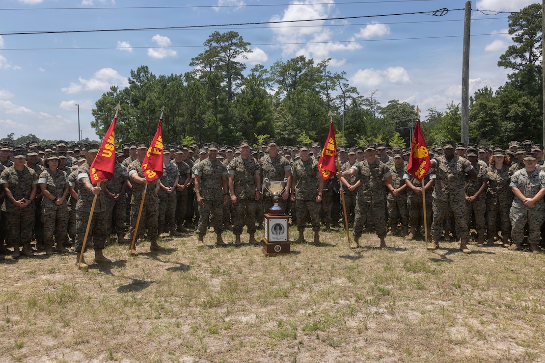 U.S. Marine Corps Lt. Gen. Calvert Worth Jr., the Commanding General of II Marine Expeditionary Force, and Marines with 2nd Radio Battalion stand for a photo with the Lt. Gen. “Chesty” Puller Award at Marine Corps Base Camp Lejeune, North Carolina, July 10, 2026. The II MEF Lt. Gen. “Chesty” Puller Award is awarded to units within II MEF that showed outstanding ability and superior performance in supporting the mission of II MEF within the past year.  (U.S. Marine Corps photo by Lance Cpl. Sabine Wilson)