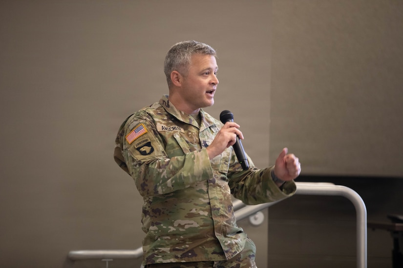 U.S. Army Lt. Col. Joseph Amschler speaks during the Kentucky Resilience and Emergency Preparedness (K-REP) Summit at Boone National Guard Center in Frankfort, Kentucky, June 16-17.