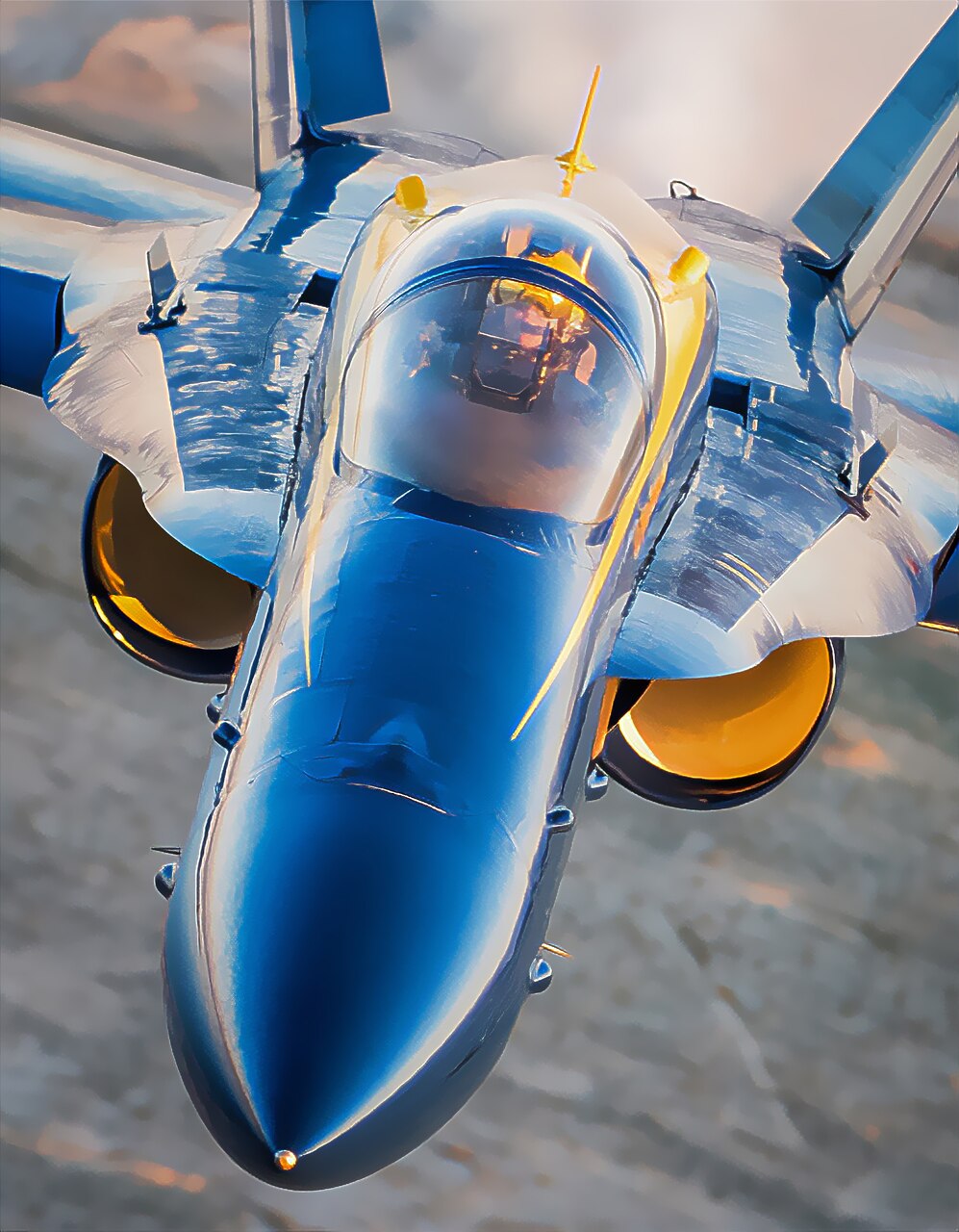 Cmdr. Frank Weisser brings his F/A-18 Super Hornet in close during a 2017 flight, offering a dramatic view.