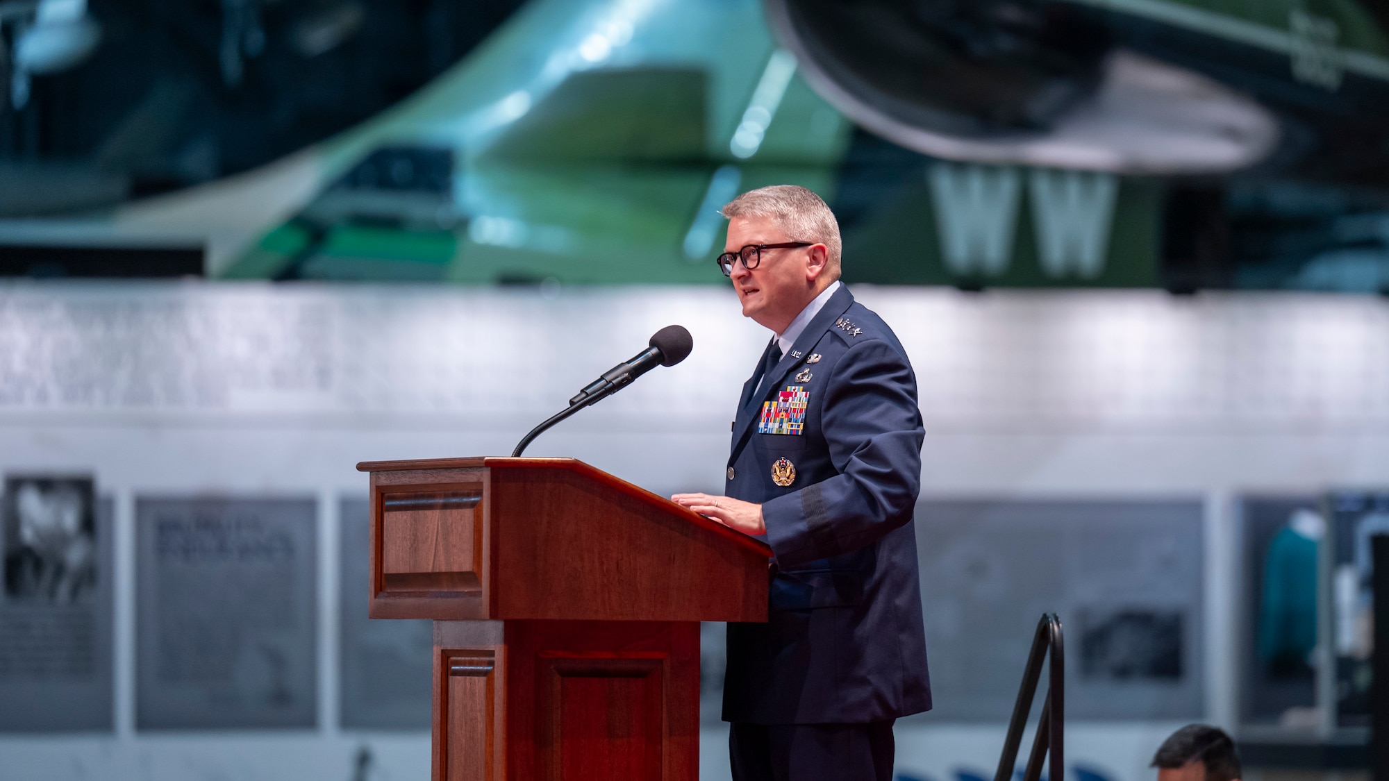 Lt. Gen. Max Pearson, Deputy Chief of Staff of Intelligence, delivers remarks during the National Air and Space Intelligence Center change of command ceremony at the National Museum of the United States Air Force, Wright-Patterson Air Force Base, Ohio, July 10, 2026. Pearson presided over the ceremony, formalizing the transfer of leadership for the Department of the Air Force’s primary source for foreign air and space threat analysis. (U.S. Air Force photo by Staff Sgt. Samuel Earick)