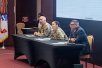 U.S. Army Aviation and Missile Command leaders held the quarterly town hall event July 9 in the Bob Jones Auditorium on Redstone Arsenal, Alabama. Maj. Gen. Lori Robinson, AMCOM commanding general, along with Donald Nitti, deputy to the commanding general, and Command Sgt. Maj. Christopher Doss, discussed workforce priorities, budget management, employee support and an upcoming leadership transition.