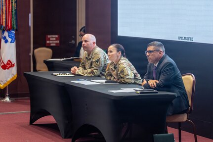 U.S. Army Aviation and Missile Command leaders held the quarterly town hall event July 9 in the Bob Jones Auditorium on Redstone Arsenal, Alabama. Maj. Gen. Lori Robinson, AMCOM commanding general, along with Donald Nitti, deputy to the commanding general, and Command Sgt. Maj. Christopher Doss, discussed workforce priorities, budget management, employee support and an upcoming leadership transition.