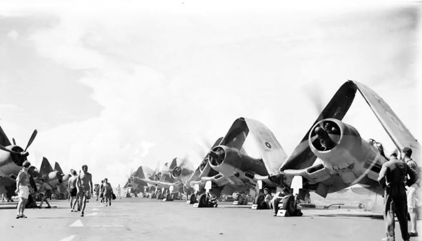 Corsairs aboard the carrier HMS Illustrious prepare to launch on May 17, 1944, to attack targets on Java.