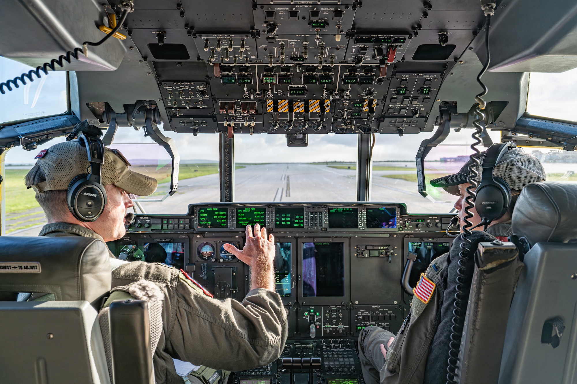 U.S. Air Force Capt. Jonah Mehrer, left, and 1st Lt. Kaitlyn Laney, right, both 39th Airlift Squadron pilots, land on the runway at the Saipan International Airport, Northern Mariana Islands, June 29, 2026, in support of VALIANT SHIELD 2026. Exercises like VALIANT SHIELD allow Pacific Command Joint Forces the opportunity to integrate forces from all branches of service and with our allies to conduct precise, lethal, and overwhelming multi-axis, multi-domain effects that demonstrate the strength and versatility of the joint force and our commitment to a free and open Indo-Pacific. (U.S. Air Force photo by Airman 1st Class Caleb Schellenberg)