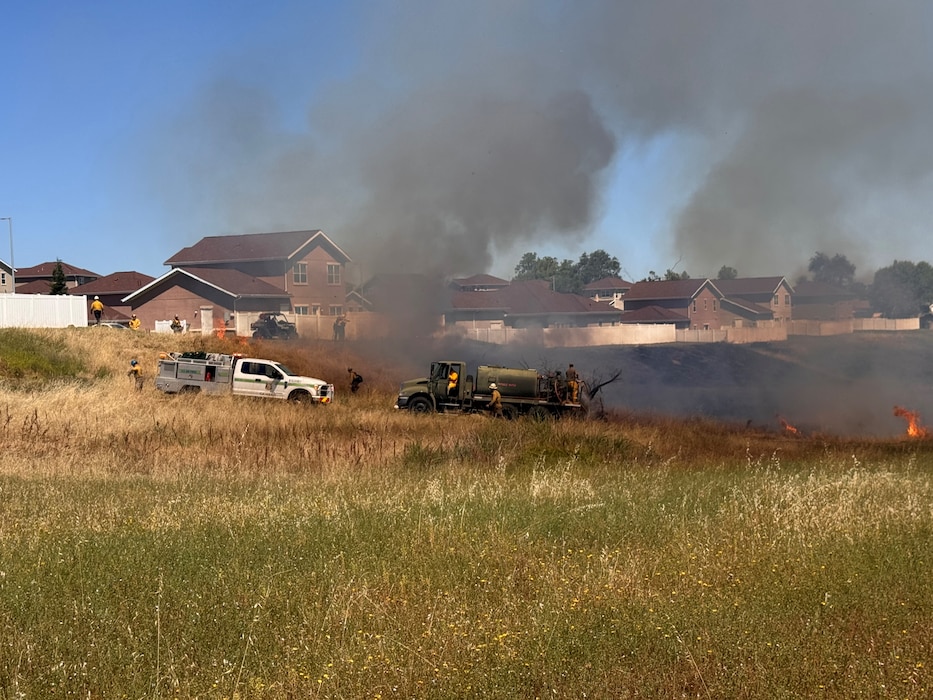 U.S. Air Force 9th Civil Engineering Squadron and Beale’s Wildland Fire Support Module perform a prescribed burn near base housing at Beale Air Force Base, California, June 1, 2026. The proactive operation was designed to prevent catastrophic events like the 1,000-acre Intanko Fire in 2021, which forced the evacuation of 1,125 personnel and threatened 375 homes. (Courtesy photo)