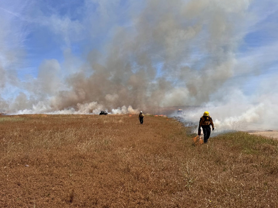 U.S. Air Force 9th Civil Engineering Squadron and Beale’s Wildland Fire Support Module perform a prescribed burn at Beale Air Force Base, California, June 18, 2026. During Beale’s dry season, a single ignition can quickly cause a fast-moving wildfire; the crew uses prescribed fires to help restore a resilient landscape. (Courtesy photo)