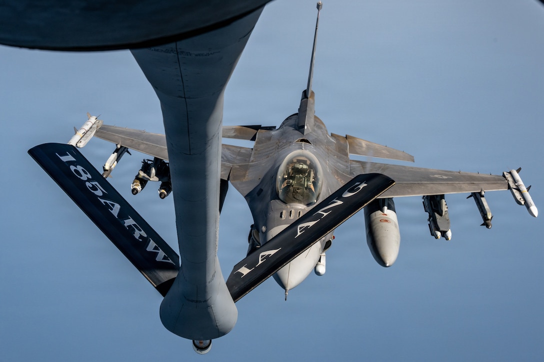 A U.S. Air Force F-16 Fighting Falcon aircraft approaches the boom of a U.S. Air Force KC-135 Stratotanker aircraft in the U.S. Central Command area of responsibility June 30, 2026. (U.S. Air Force photo by Tech Sgt Tiffany A. Emery)