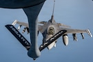 A U.S. Air Force F-16 Fighting Falcon aircraft approaches the boom of a U.S. Air Force KC-135 Stratotanker aircraft in the U.S. Central Command area of responsibility June 30, 2026. (U.S. Air Force photo by Tech Sgt Tiffany A. Emery)