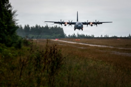 A U.S. Air Force C-130 sourced by the Washington National Guard lands on Angaur Airstrip, Palau, June 25, 2026 as part of exercise Alupang ACE.