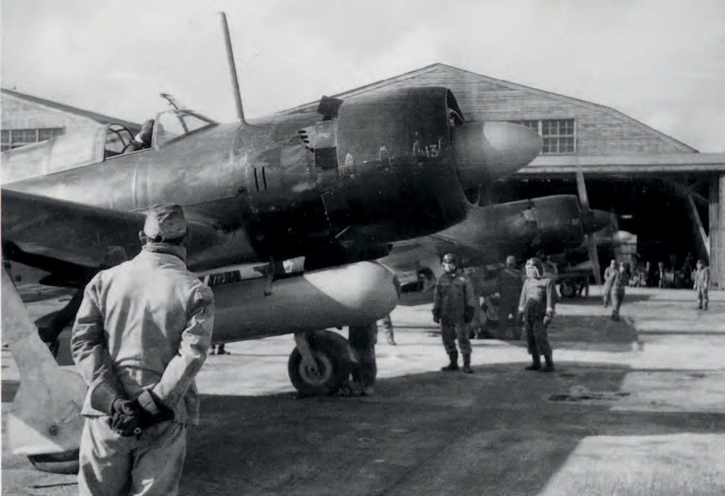 Four land-based reconnaissance aircraft, Nakajima C6N1 Tenzan (“Heavenly Mountain”), codenamed Jill­, prepare to depart for Truk, where their crews would observe operations on Ulithi before and after attacks by submarine-launched floatplanes. Originally a carrier attack bomber, the C6N1 also flew reconnaissance and later Kamikaze missions in the Pacific War.