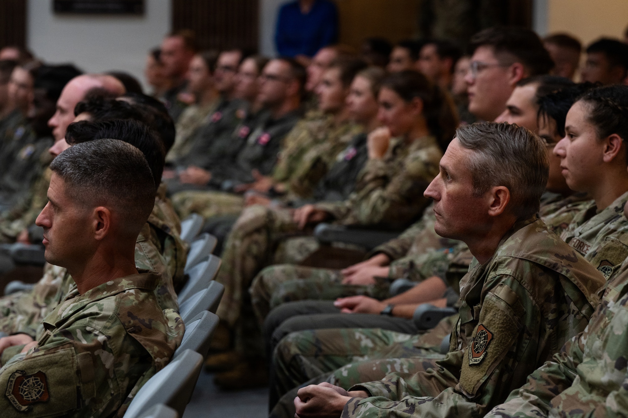 U.S. Airmen assigned to the 317th Airlift Wing attend the presentation of the Gallant Unit Citation to the 40th Airlift Squadron at Dyess Air Force Base, Texas, July 7, 2026. The 40th AS received the award for their operations overseas, becoming the third unit in all of Air Mobility Command to be awarded the decoration. (U.S. Air Force photo by Senior Airman Jade M. Caldwell)