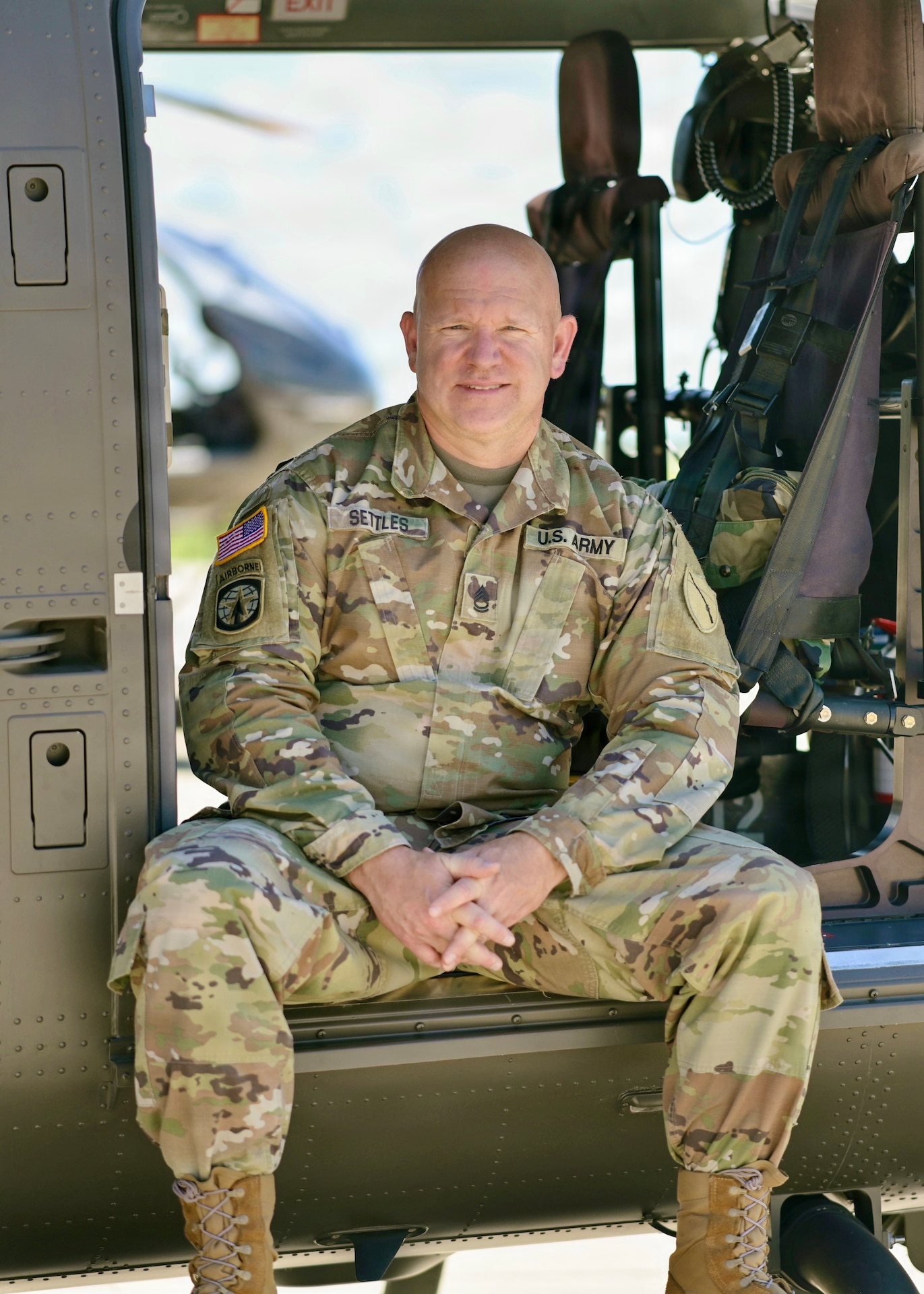 Sgt. 1st Class Joshua Settles poses for a portrait at Boone National Guard Center in Frankfort, Kentucky, June 26, 2026, before his retirement ceremony.