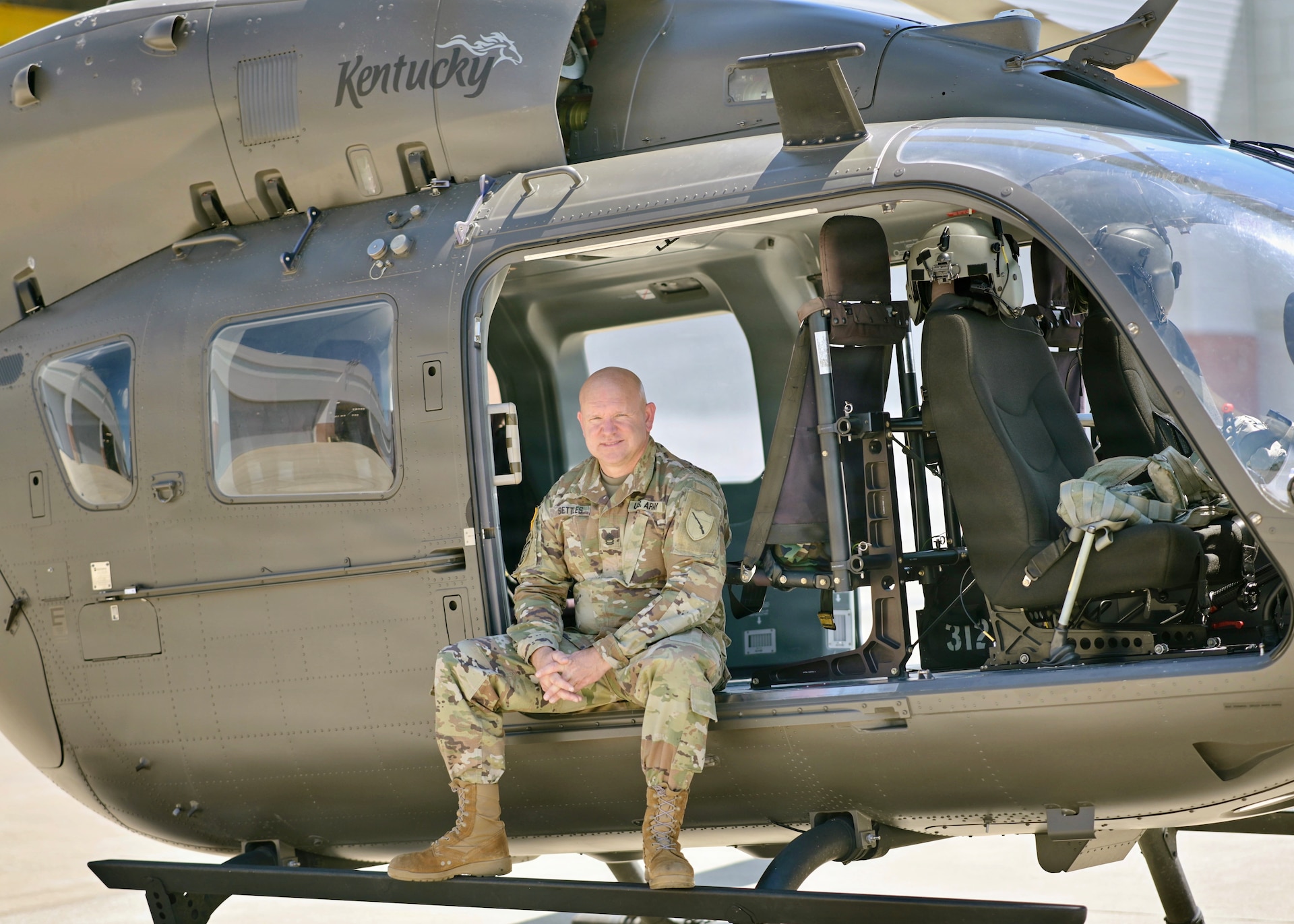 Sgt. 1st Class Joshua Settles poses for a portrait at Boone National Guard Center in Frankfort, Kentucky, June 26, 2026, before his retirement ceremony.