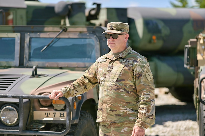Sgt. 1st Class Joshua Settles poses for a portrait at Boone National Guard Center in Frankfort, Kentucky, June 26, 2026, before his retirement ceremony.