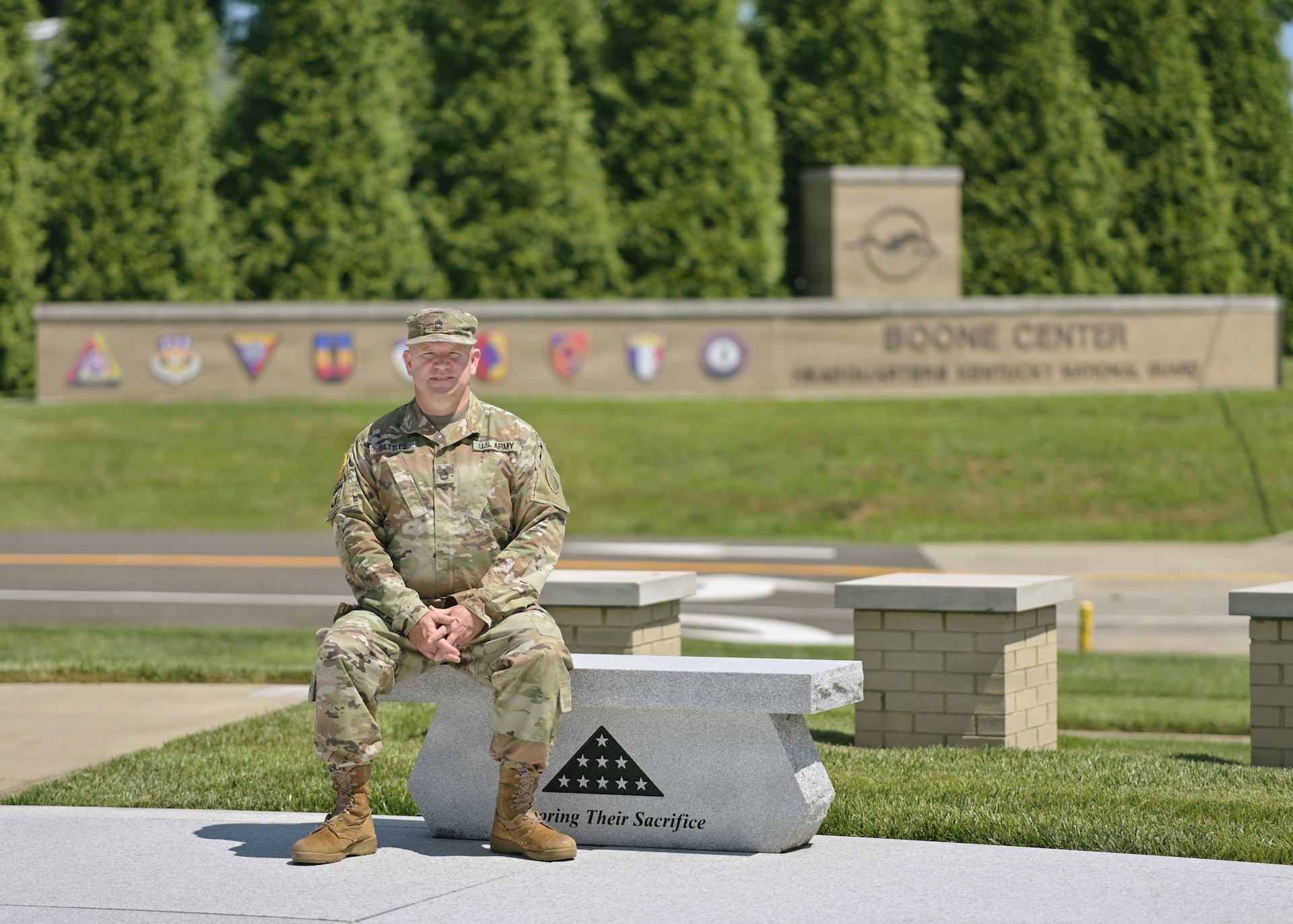 Sgt. 1st Class Joshua Settles poses for a portrait at Boone National Guard Center in Frankfort, Kentucky, June 26, 2026, before his retirement ceremony.